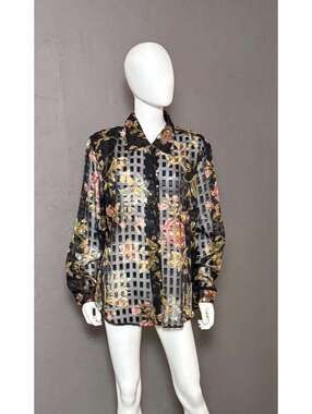 1980s Sheer Burnout Blouse by Expose Black x Earthy Floral size XL
